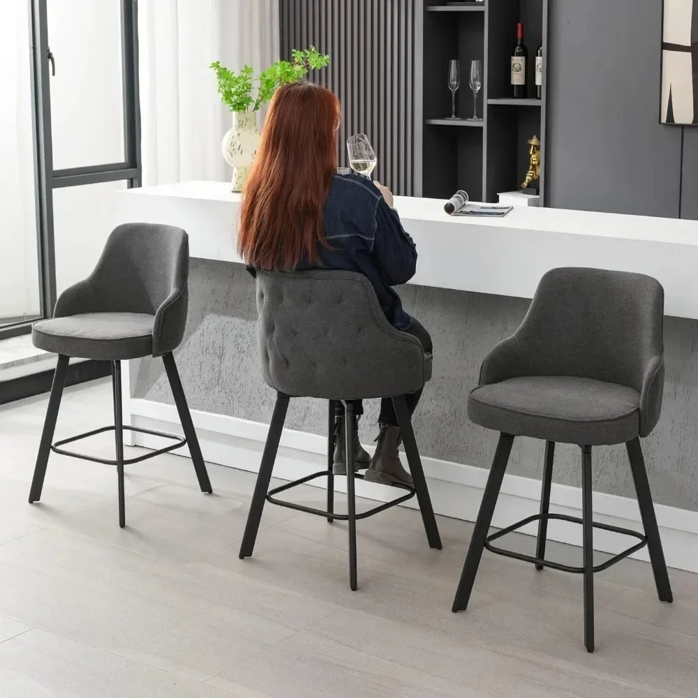 Linho Bar Stools Set para Kitchen Island, Barstools Counter Altura, cinza escuro, 26 "Counter Stools, conjunto de 3