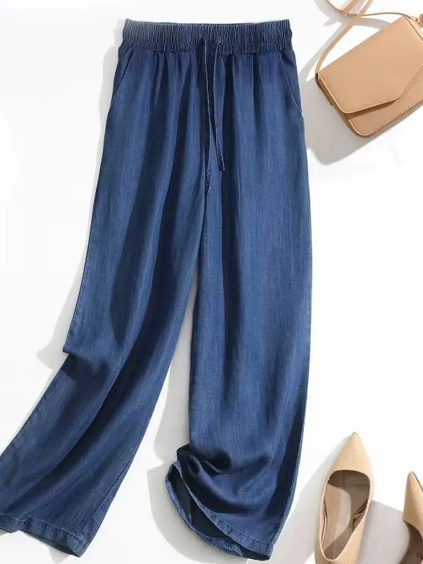 

Летние женские джинсы с высокой талией из ледяного шелка, прямые, свободные, с эластичным поясом, широкие штанины, укороченные, больших размеров