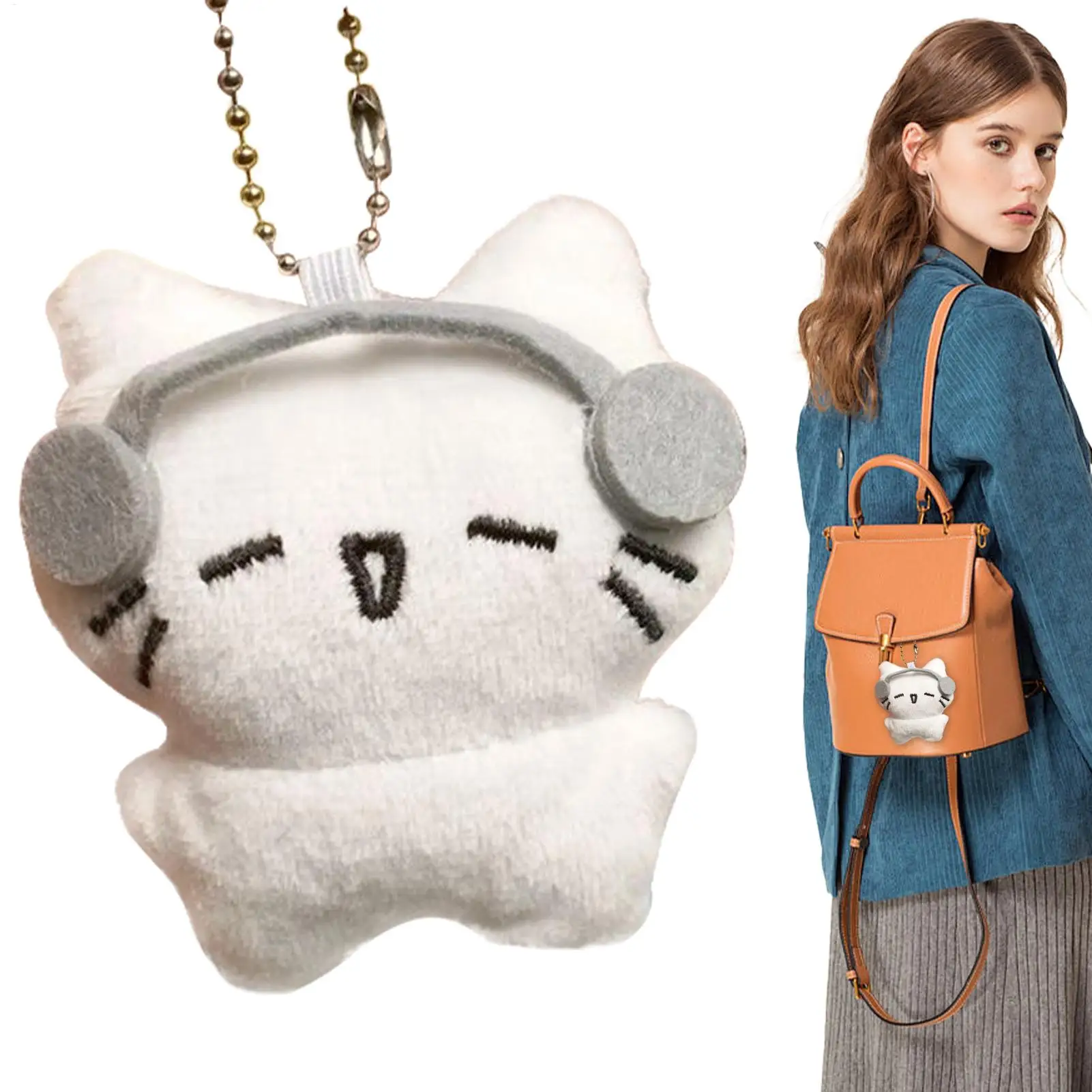 Cute Headphones Kitten Couple Keychain Mini Crying Cat Doll Plush Keyring Cartoon Dog Bee Bag Pendant Charms Backpack Decoration