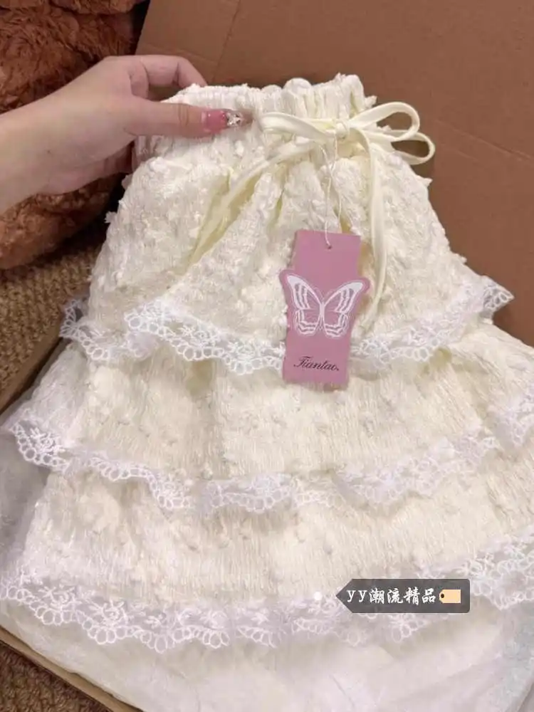 

Women's Apricot Lace Bow Patchwork A-line Micro Skirt Vintage Y2k Gyaru Skirt Harajuku Mini Skirts 2000s Cutecore Clothes Summer