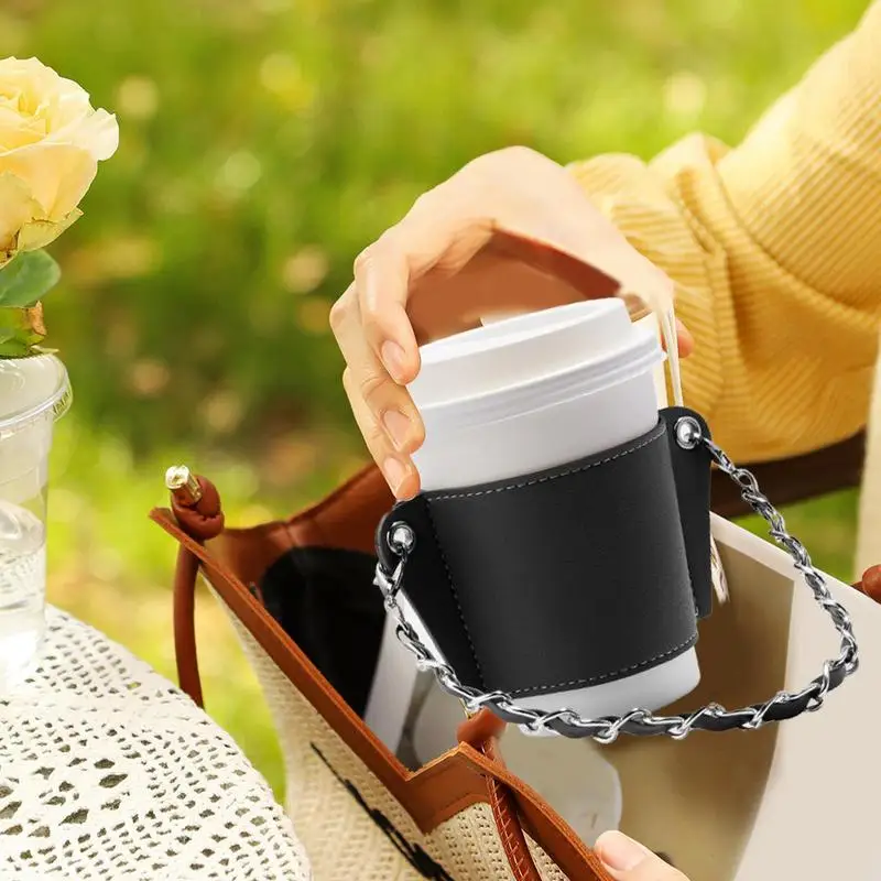 Coffee Cup Holder Strap Detachable Metal Chain Cup Holder Luxury Leather Drinks Sleeve Drink Carrier Cruise Caddy Iced Sleeve