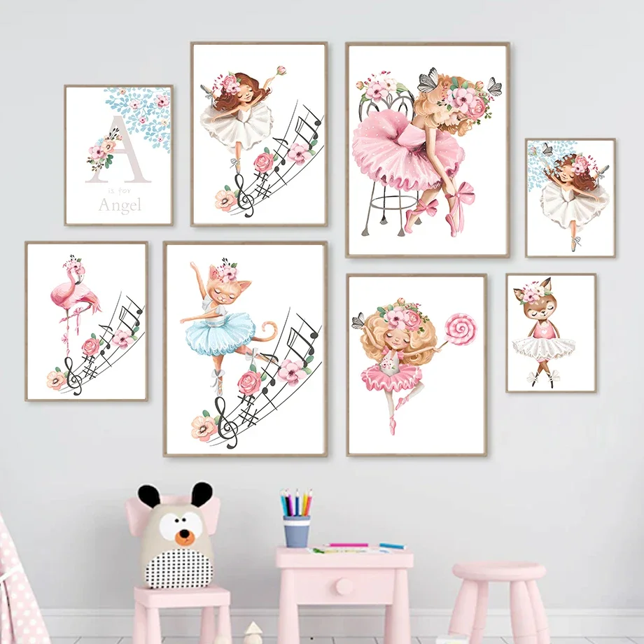 Watercolor Flower Ballet Girl Deer Cat Flamingo Wall Art Canvas Painting Nordic Posters And Prints Wall Pictures Kids Room Decor