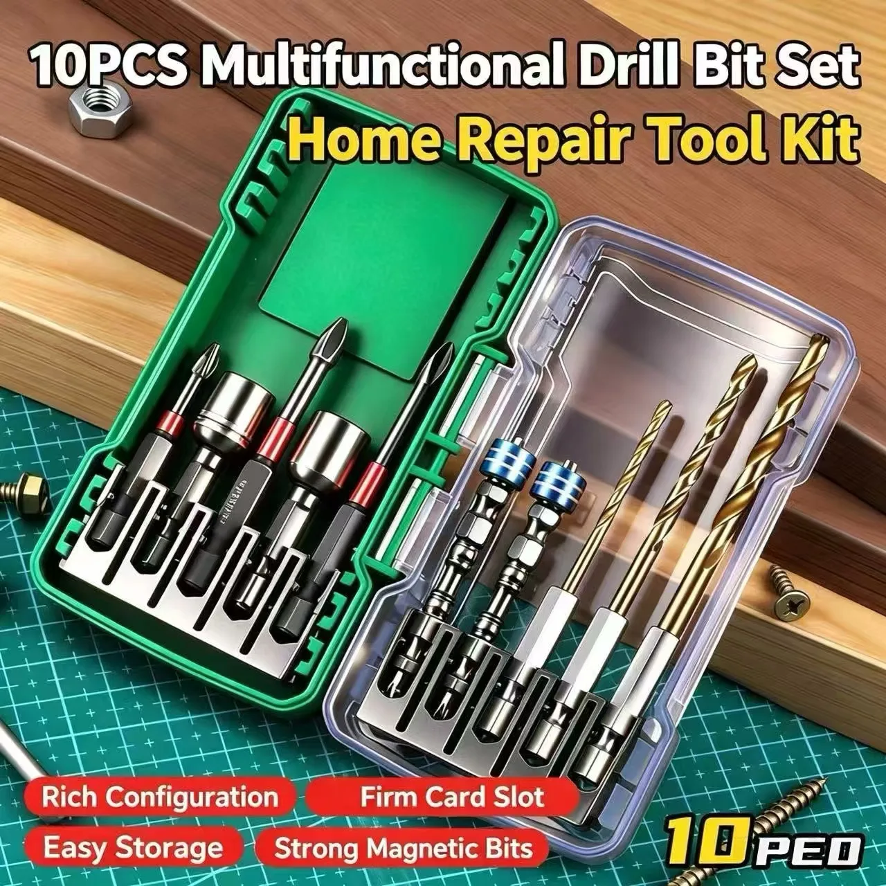 10Pcs Drill Bit Set Magnetic Screwdriver Bits Hex Socket Wrench Twist Drill Bits Multi Function Repair Tool Kit For Wood Metal D