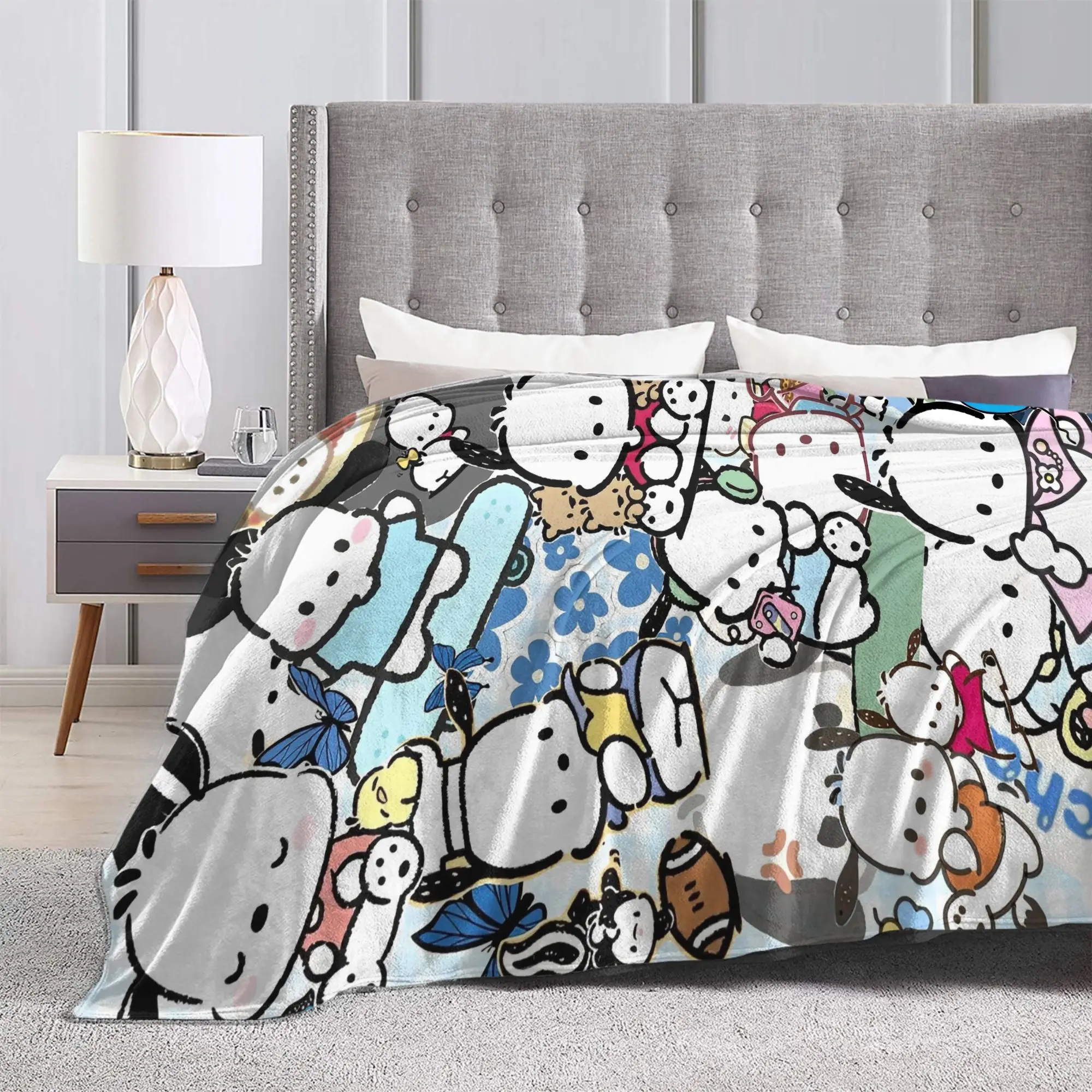 Coperta Kawaii Pochacco di qualità super morbida per cani da cartone animato, carina coperta da tiro, autunno, picnic, soggiorno, comoda copriletto