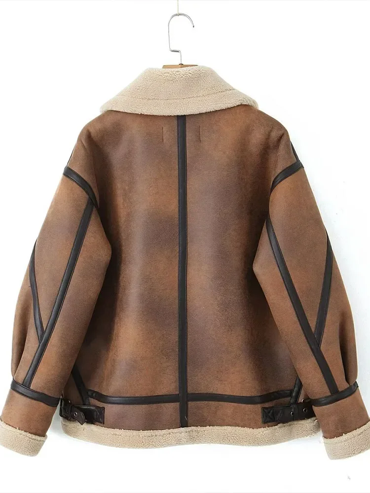 LIBIELIY Lambswool Coat Women Winter Thickened Motorcycle Clothing Leather Jacket Loose Stand Collar Fur Integrated High-grade J