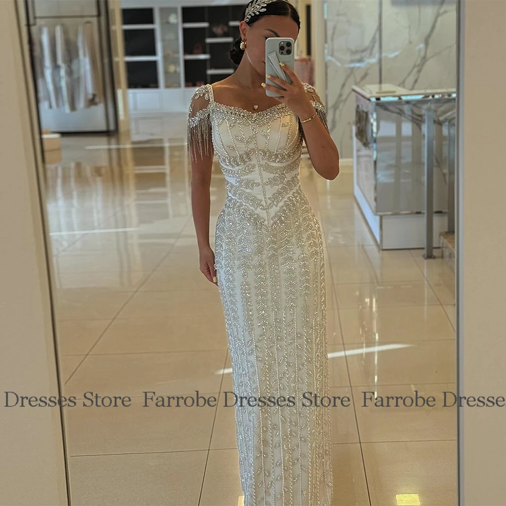 Charming Heavy Work Evening Dresses Satin Sheath/Column Valentine's Day Dress Ivory V-neck Beads Tassel Birthday Party Dresses