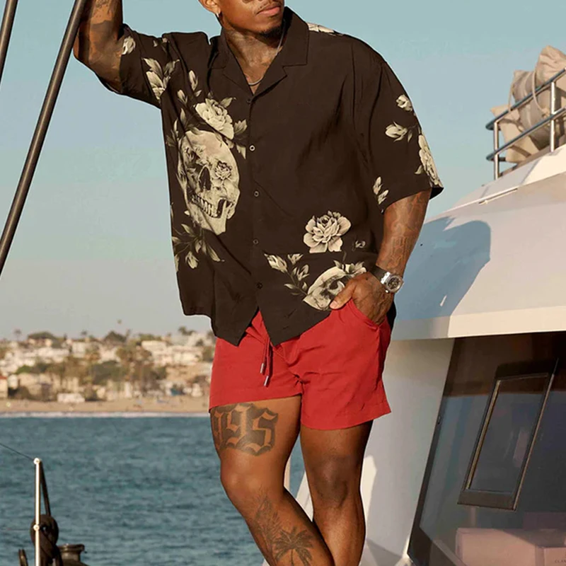 Seaside praia camisas casuais para homens verão vintage crânio impressão camisa de manga curta streetwear masculino na moda abotoado lapela camisa