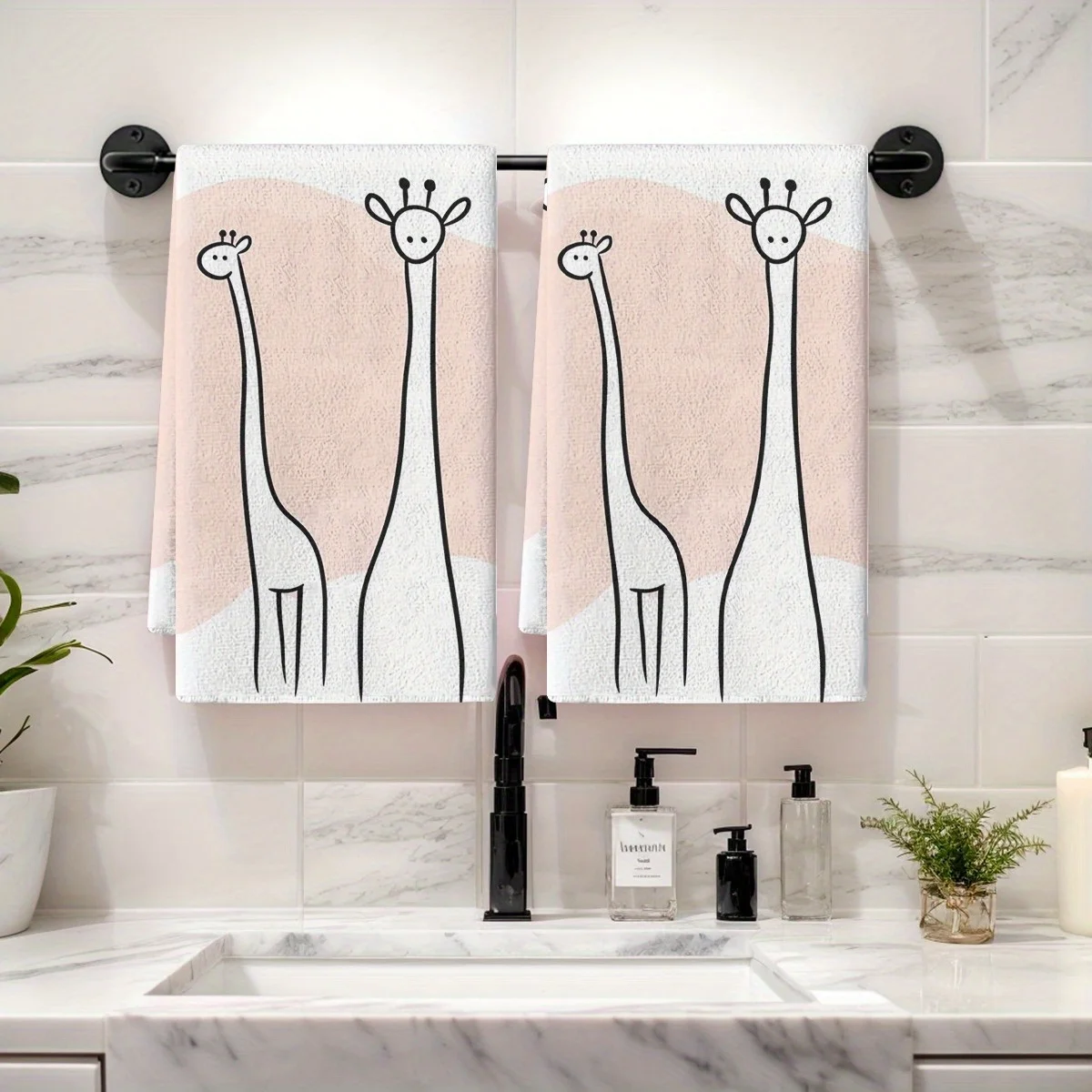 2PCS Kitchen Towel Set Dish Towel Cute Giraffe Line Art Blush Pink Style Dish Cloths For Bathroom And Kitchen, Hand Towel Dishs