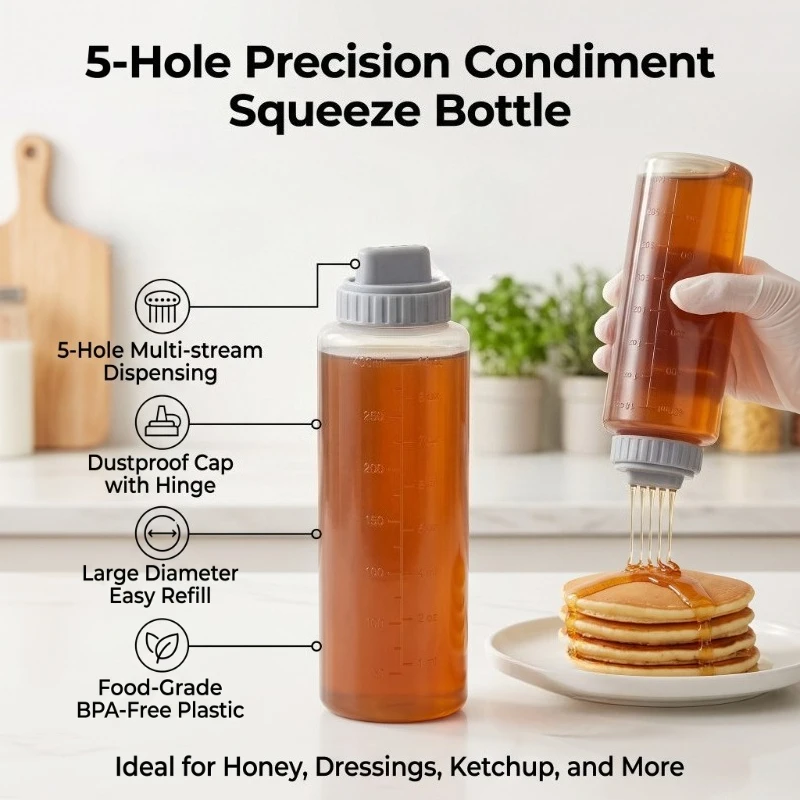 Transparent Squeeze Condiment Bottle with Dust Cap Large Caliber 5 Hole Graduated Squeeze Bottle for Honey Salad Ketchup