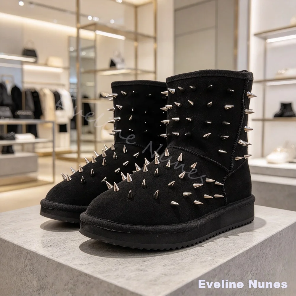 Men Spiked Rivet Snow Boots Punk Rock Warm Faux Suede Ankle Boot Winter Non Slip Flats Short Booties Gothic Street Fashion Shoes