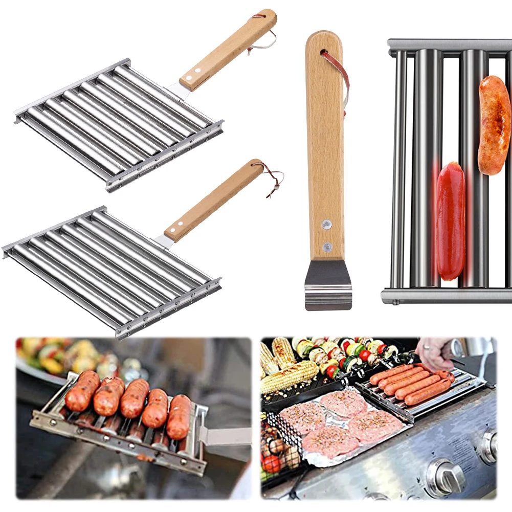 Stainless Steel BBQ Tools with Rustproof Square Grilling Grid Sausage Roller Rack Party Camping Sausage Tools Barbecue Accessory