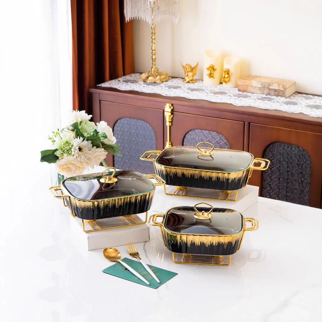 Rectangle gold ceramic pot baking tray tableware light heat hotel dry soup pot casserole creative pot rack
