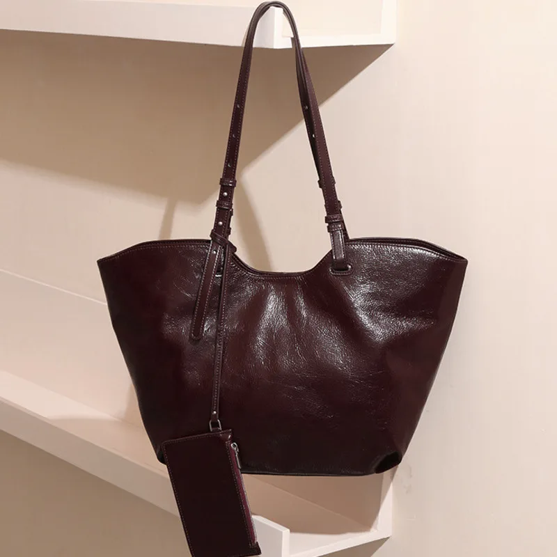 New Top Layer Oil Wax Cowhide Tote Bags Commuting Leather Women's Handbag Large Capacity High-end Shoulder Bags Ladies's Handbag