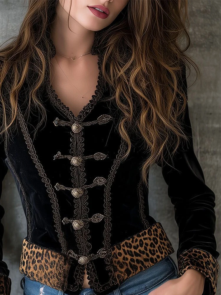 เสื้อเชิ้ตผู้หญิงสไตล์จีนวินเทจ แขนยาว คอวี แต่งลายเสือดาว ติดกระดุมแถวเดียว แฟชั่นฤดูใบไม้ร่วง สไตล์ลำลองเก๋ไก๋