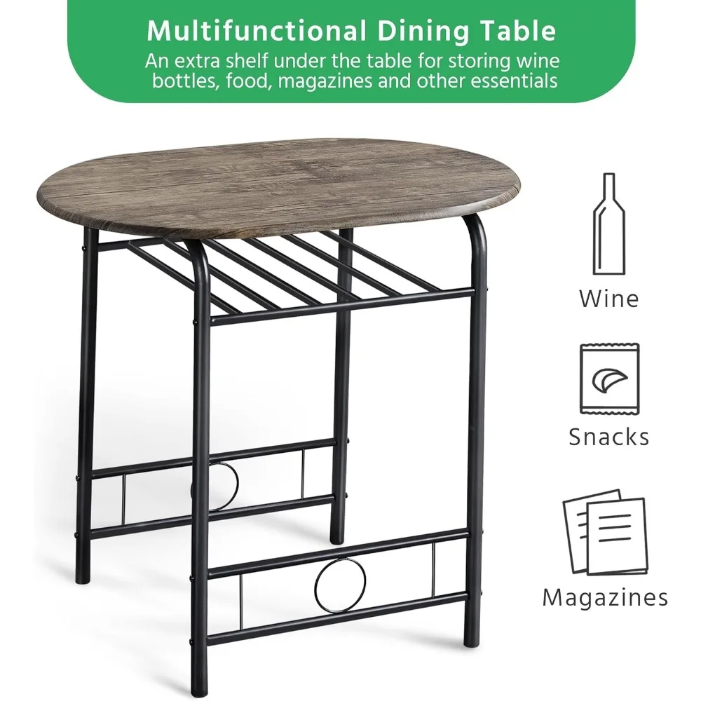 3 Piece Dining Table Set, Kitchen Table & Chair Sets for 2, Compact Bistro Table Set with Steel Legs, Built-in Wine Rack