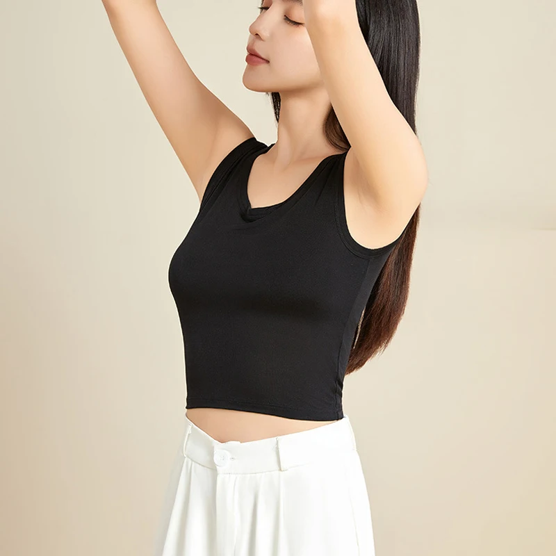 Women's 100% Mulberry Silk Cami Top with Built-in Shelf Bra Solid Color Cropped Tank Top Breathable Padded Sleeveless Blouse