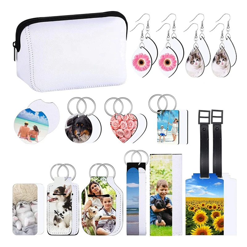 29Pcs Sublimation Blanks Products Set Including Makeup Bag Cosmetic Pouch, Earrings, Keychain,Drink Cup Coasters For DIY