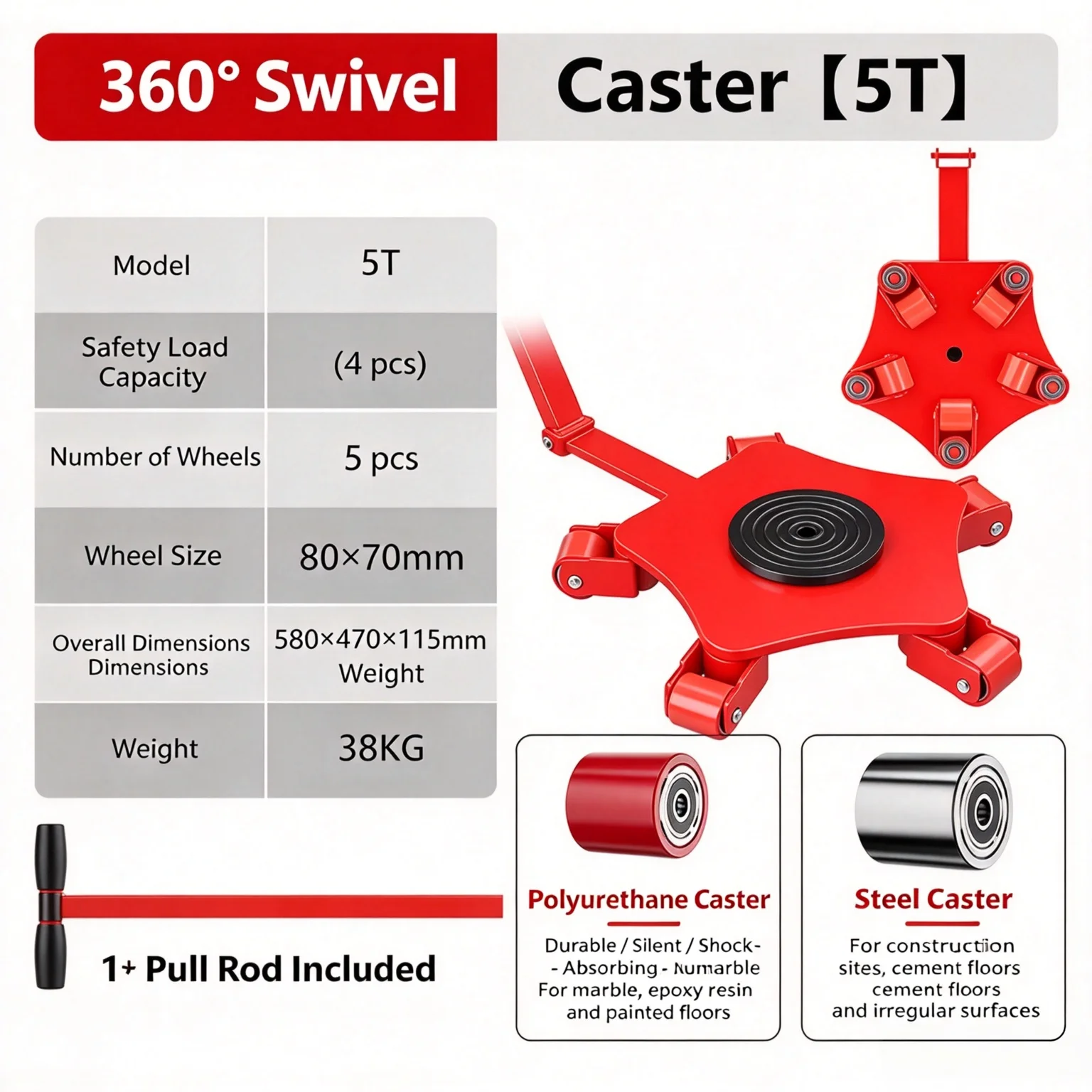 Heavy‑Duty Universal Swivel Cargo Skate Dolly Tank Mover Rubber & Steel Wheel Heavy Object Moving Transporter