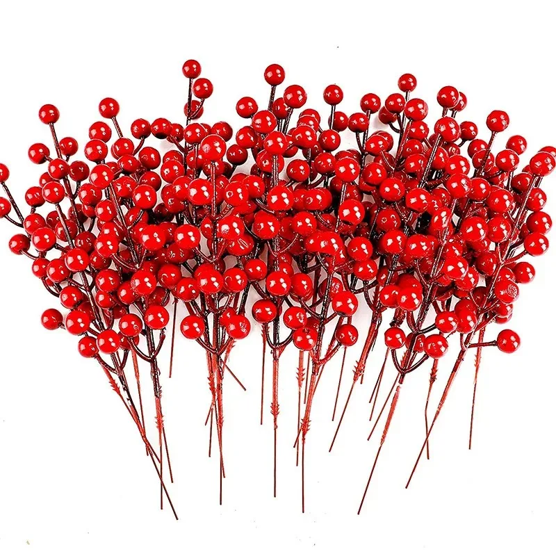 100/5pcs Christmas Artificial Red Berries Stem Ornament Red Holly Berry Stamen Fake Flowers Plants for New Year Party Home Decor