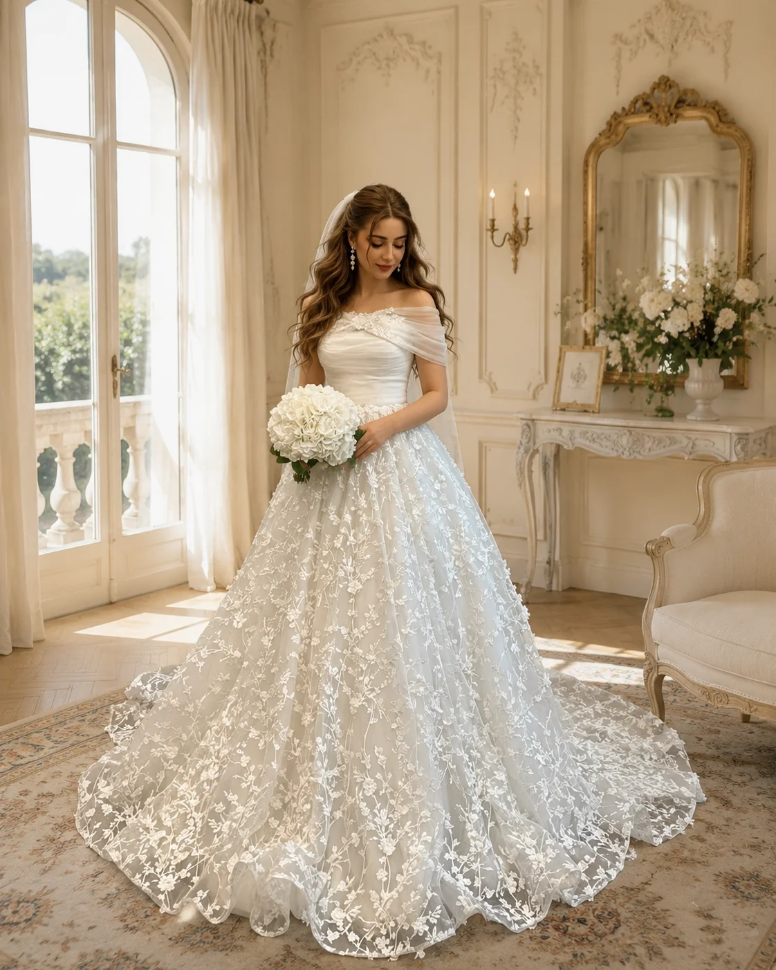 Vintage Off Shoulder Satin Bodice Lace Tulle Wedding Dress Ballgown Sweep Train Luxury Bridal Gown Vestido De Novia