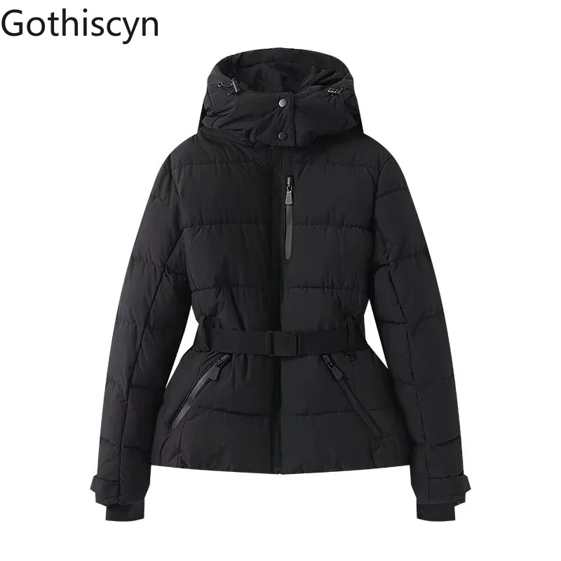 Gothiscyn Long-sleeved Cotton Jacket Women's Autumn and Winter Hooded Stand Collar Zipper Belt Jacket Fashion Female Clothes