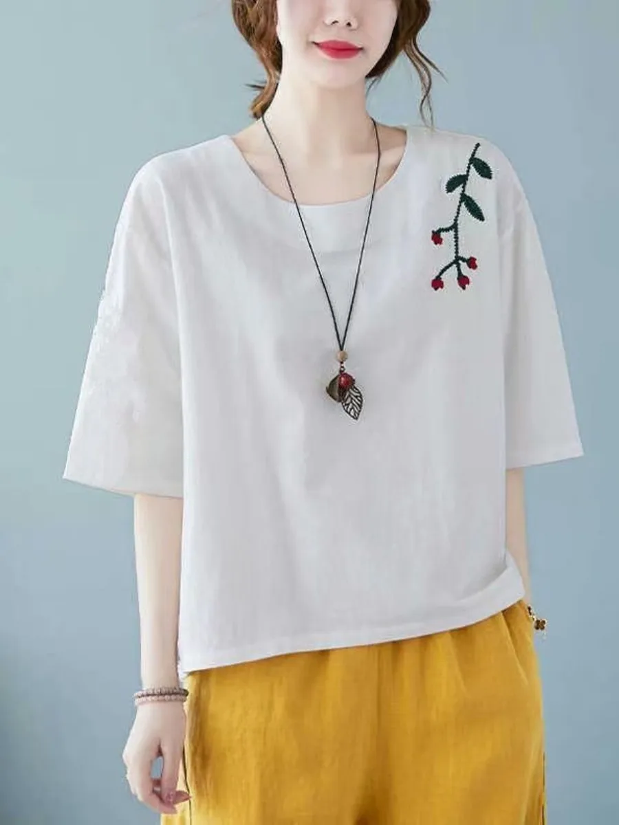 Retro Embroidered Cotton Linen Five-Point T-shirt Loose Slimming Casual Versatile Top for Women Autumn Season Long Sleeve