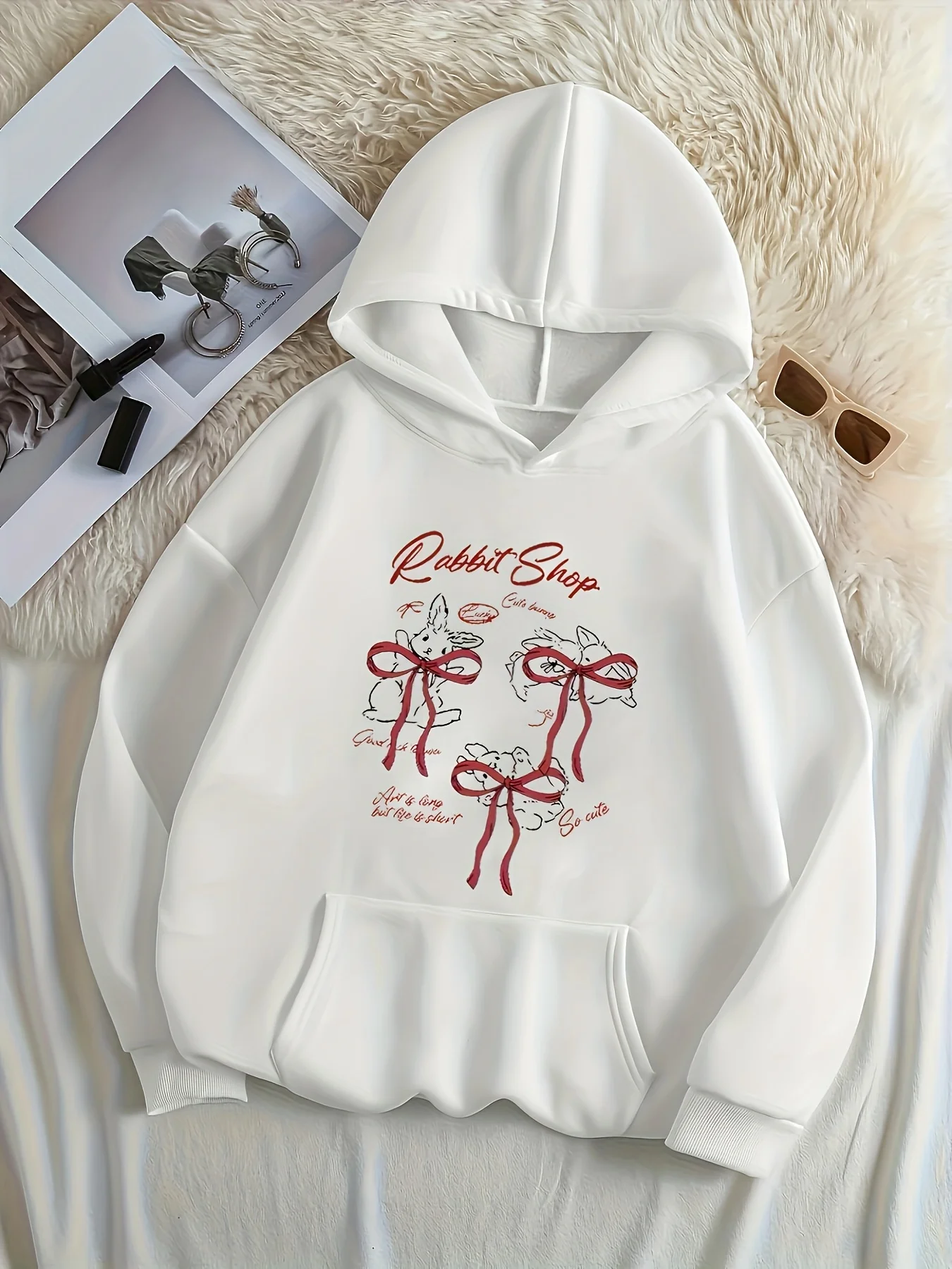الإبداعية أرنب القوس نمط مطبوعة المرأة الخريف الشتاء هوديي Y2k البلوز أعلى هوديي طويلة الأكمام الملابس النسائية عارضة