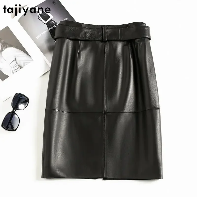 Tajiyane 100% تنورة جلدية أصلية للنساء 2023 تنانير أنيقة عالية الخصر موضة كورية من جلد الغنم الحقيقي تنورة جلدية متوسطة الطول