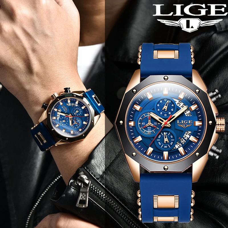 

Мужские часы LIGE 2026: повседневные, модные, спортивные, военные, кварцевые наручные часы с силиконовым ремешком, хронограф для мужчин (reloj hommes)