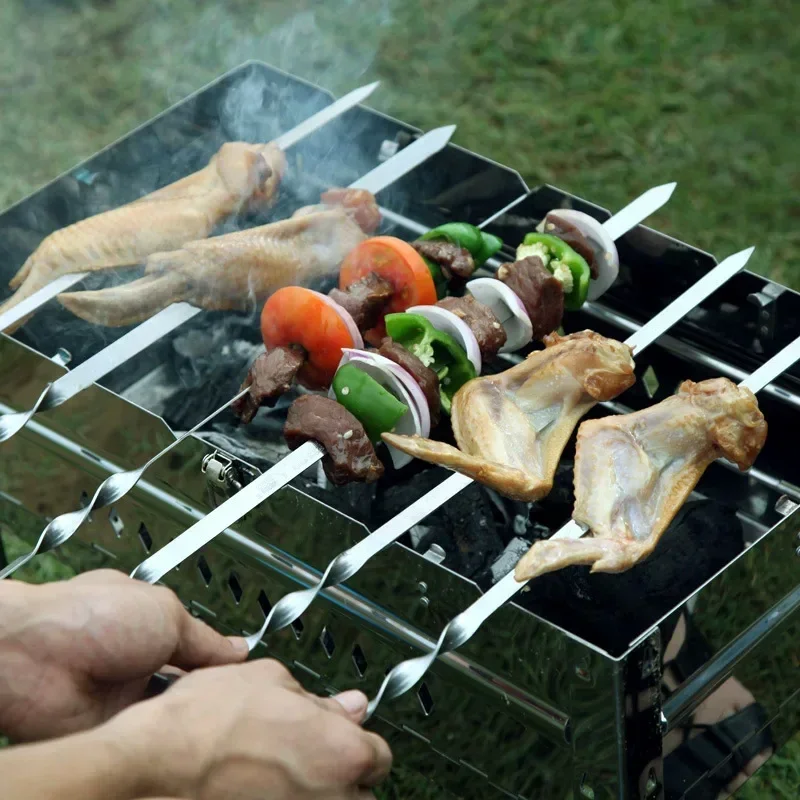 6Pcs Wide Flat Stainless Steel BBQ Skewer Barbecue Sticks Fork Outdoor Camping Picnic Kitchen BBQ Utensil Accessories Supply view 5