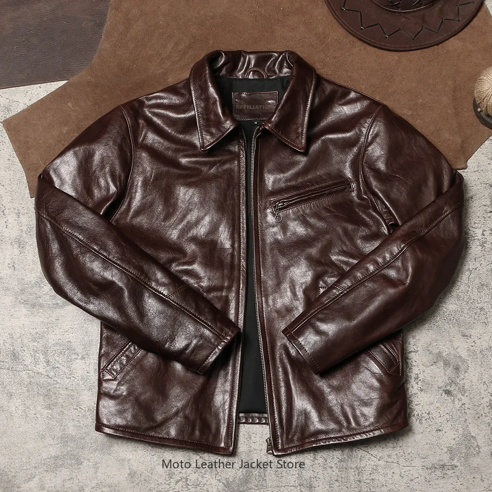 1930 Collared Slim Fit Genuine Leather Jacket, Waxed Glossy Soft Thin Goatskin Coat Washed Vintage Distressed Leather Outerwear - view 2