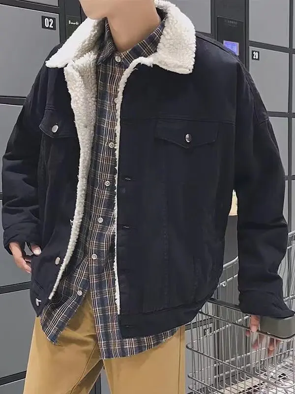 Lamb Velvet Thickened Loose Collar Denim Jacket Men's Autumn Winter Fashionable Workwear Cotton Coat Youthful Energy Style