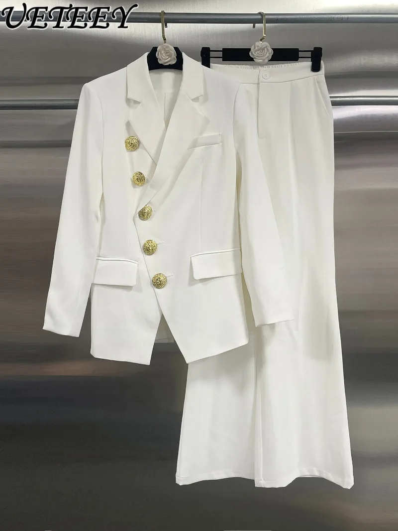 Conjunto de duas peças estilo francês para primavera e outono novo casaco blazer de peito único de alta qualidade e calças largas de cintura alta