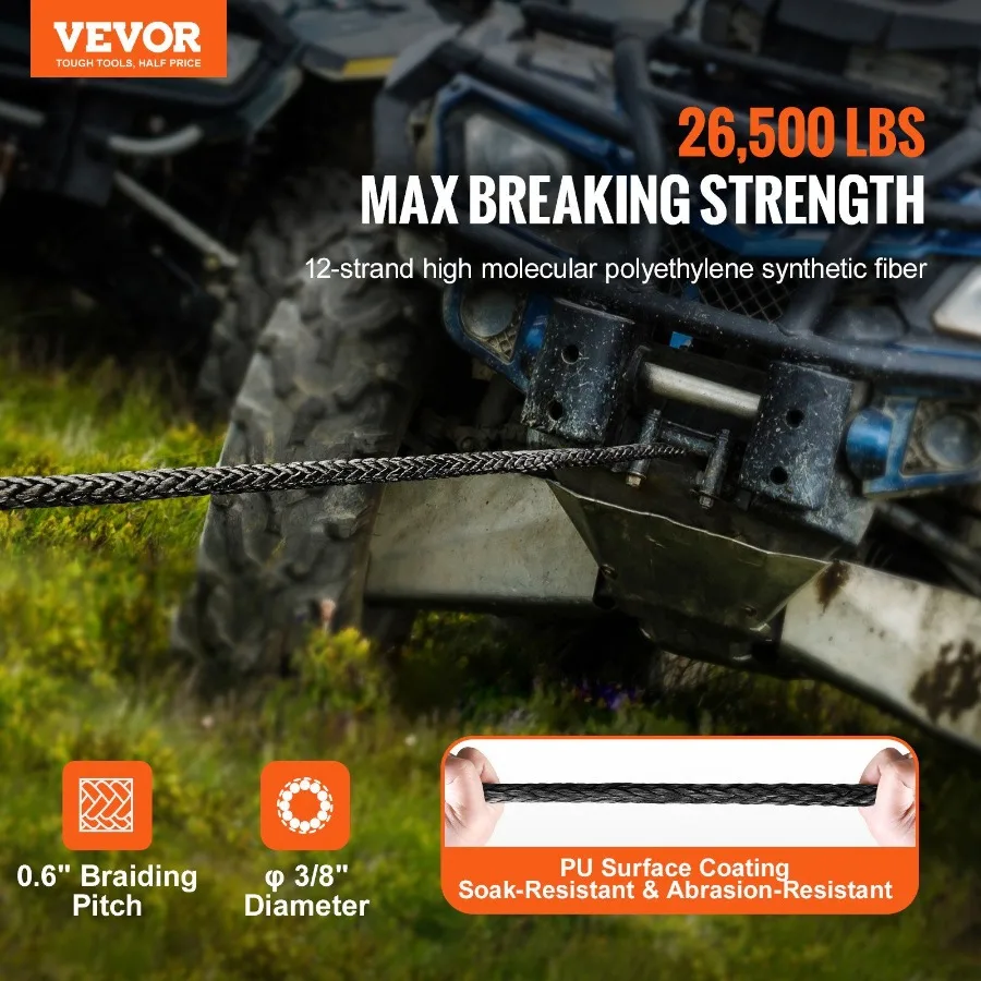 Synthetic Winch Rope 3 8 Inch x 100 Feet 26 500 lbs Synthetic Winch Line Cable Rope with Protective Sleeve + Forged Winch Hook