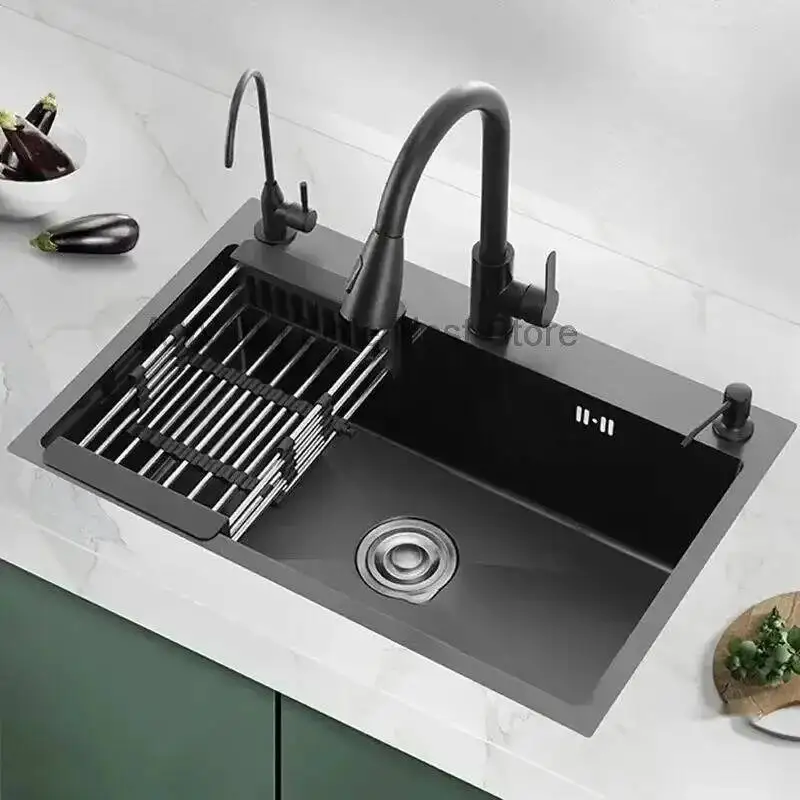 

Кухонная мойка из нержавеющей стали, черная, нано-покрытие, большая, одинарная, настольная, для дома, для овощей, утолщенная, из стали 304