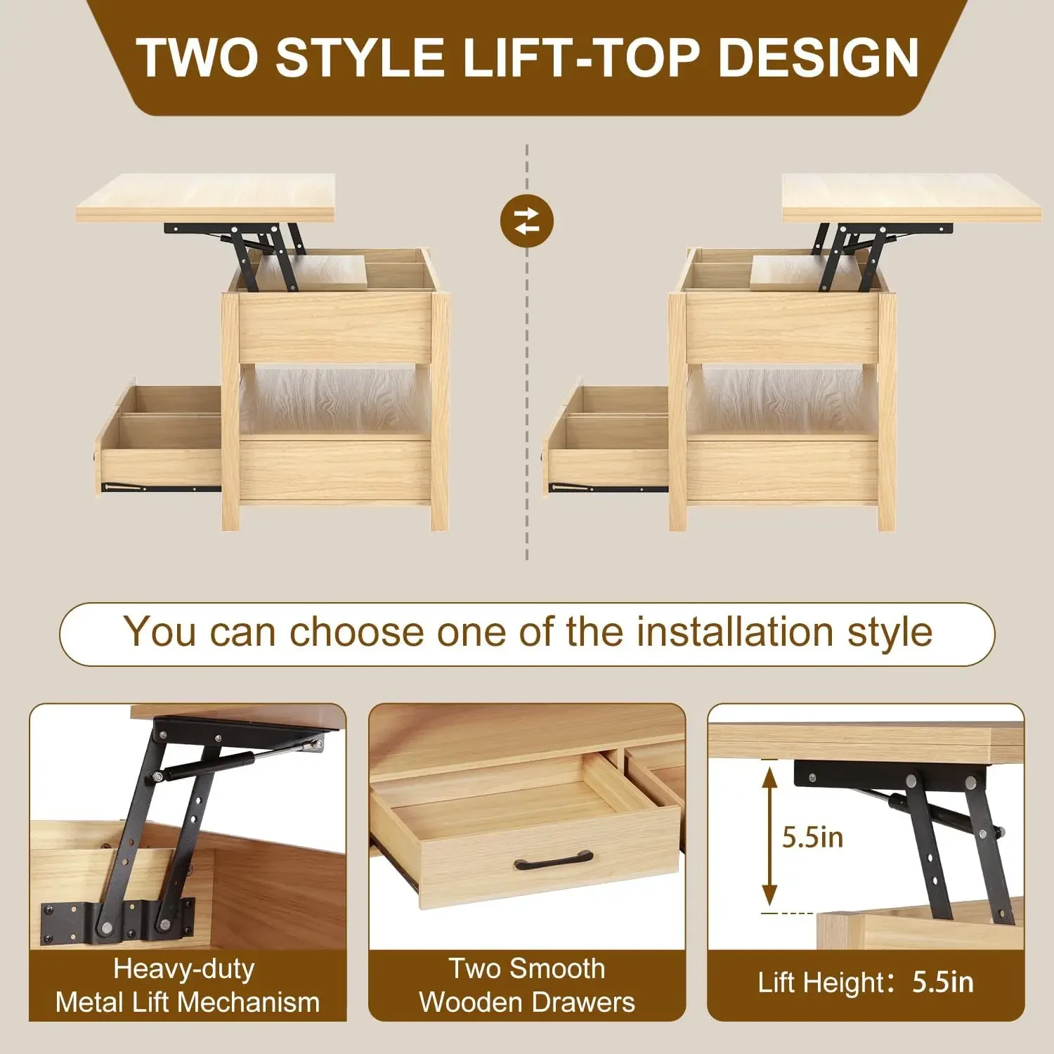 Lift-Top-Couchtisch, 3-in-1-Multifunktions-Couchtisch mit Schubladen und versteckten Fächern, Couchtisch wandelt sich um den Esstisch