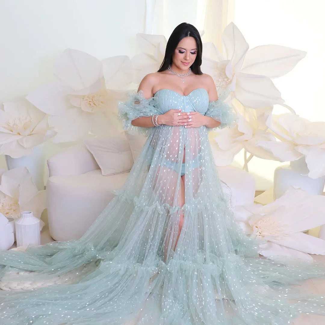 Abiti premaman in rete glitterata Abiti premaman in tulle con scollo a cuore senza spalline Abito fotografico per gravidanza con spacco frontale trasparente