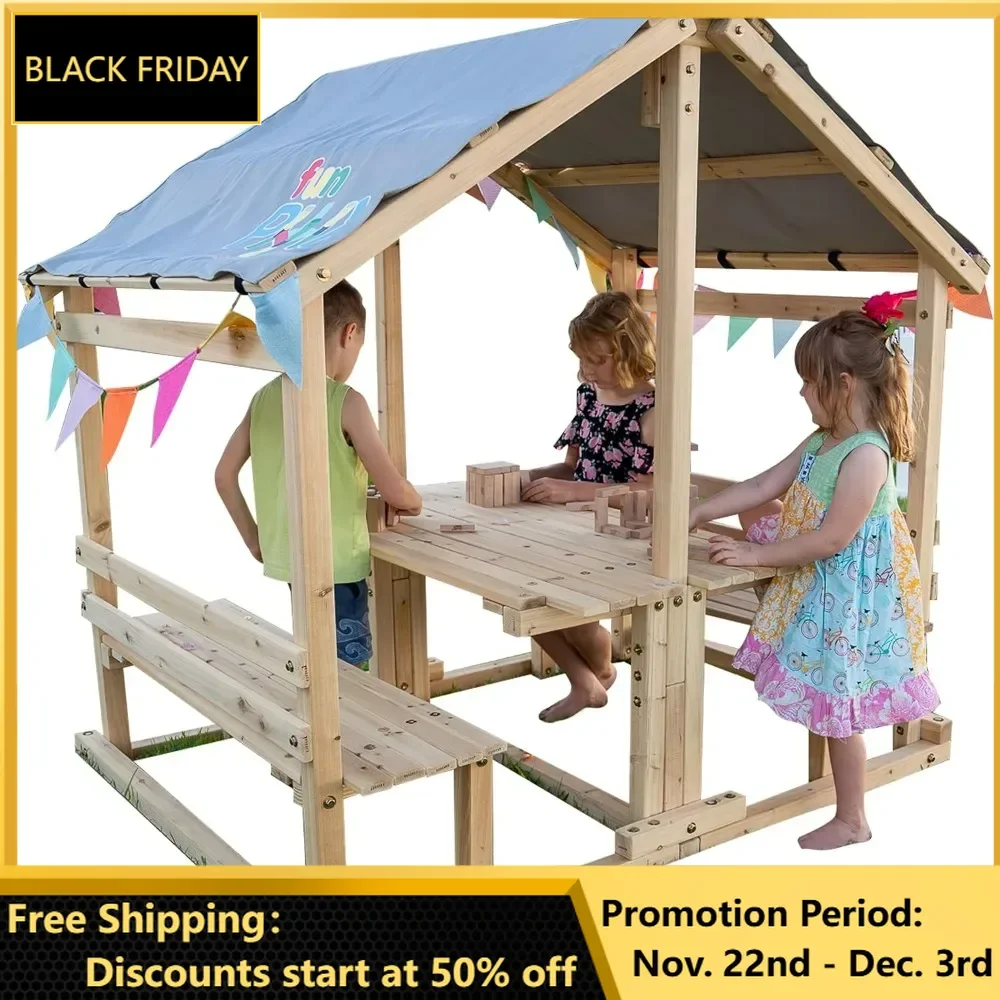 Outdoor Playhouse with Table & Benches, Multifunctional Toy for Fun Play & Learning, Easy to Assemble Backyard Playground Set