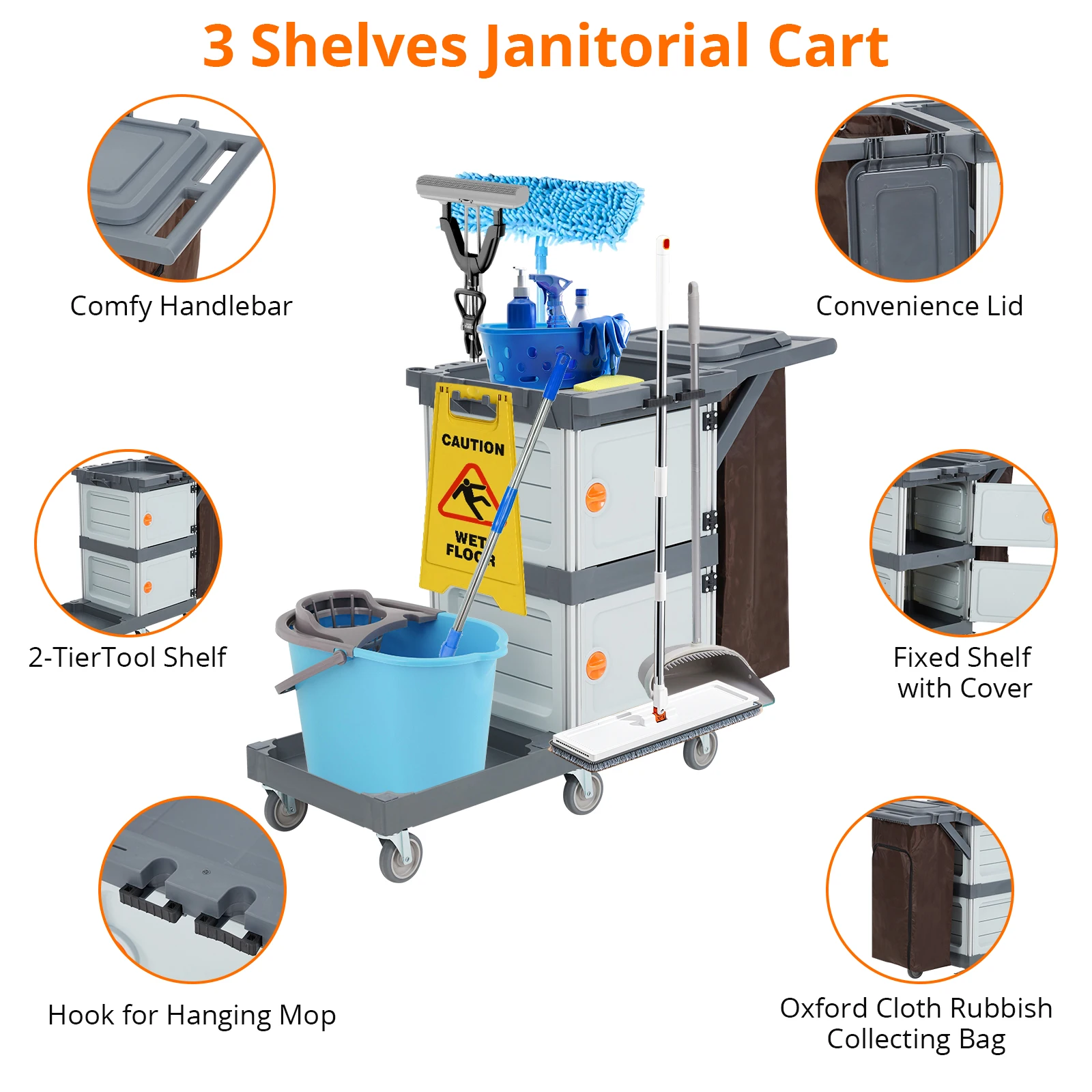 Commercial Janitorial Cart with Cabinet, Multi-Purpose Engineered Housekeeping Cart with 30 Gallon Bag Hand Push Utility Cart