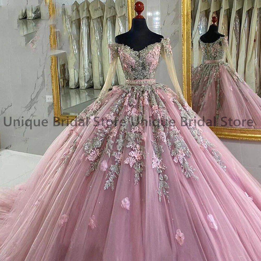 Vestido de quinceañera Floral, vestidos de fiesta de 15 años, mangas largas personalizadas, cuello en V, cuentas de flores, vestidos de baile para cumpleaños