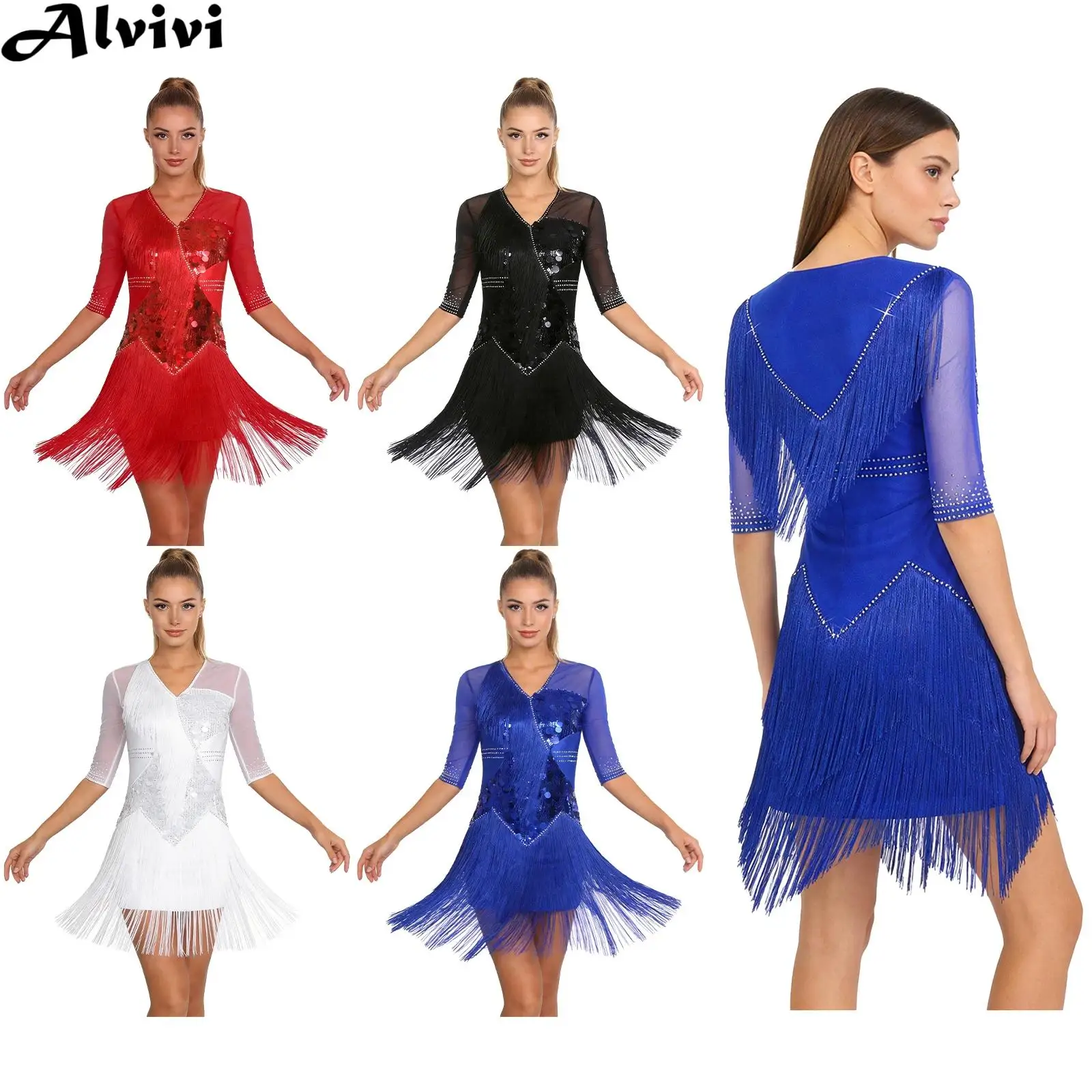 

Женский костюм для латинских танцев ча-ча для бальных танцев, танго, сальсы, румбы, костюм с коротким рукавом, блестящее многоуровневое платье со стразами и кисточками