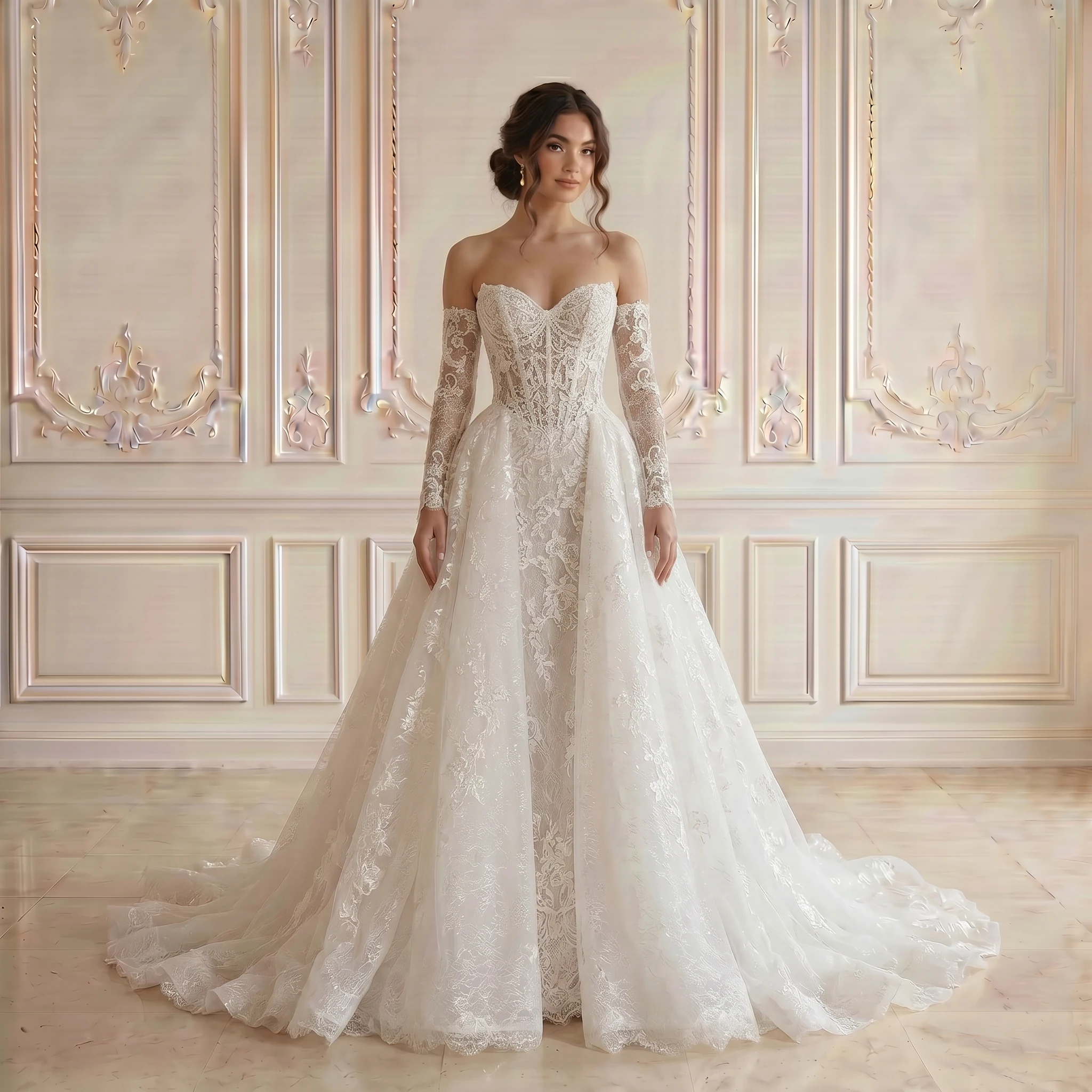 

Strapless Sweetheart Off Shoulder Long Lace Sleeve A Line Wedding Dress Corset Back Floral Lace Chapel Train Bridal Gown
