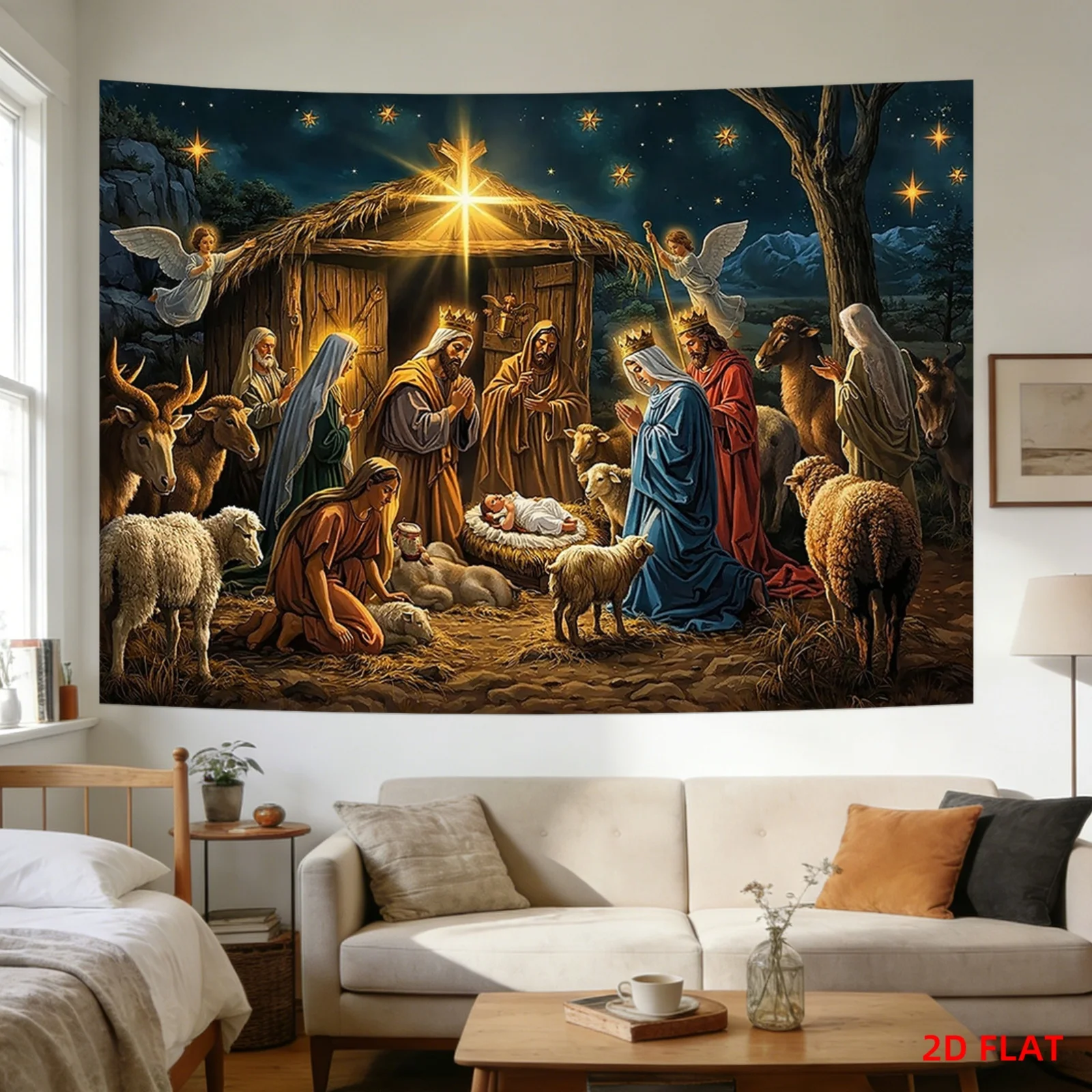 Nativity Scene Tapestry, Christian Jesus Birth Wall Hanging, Religious Christmas Manger Decor for Church Home Living Room