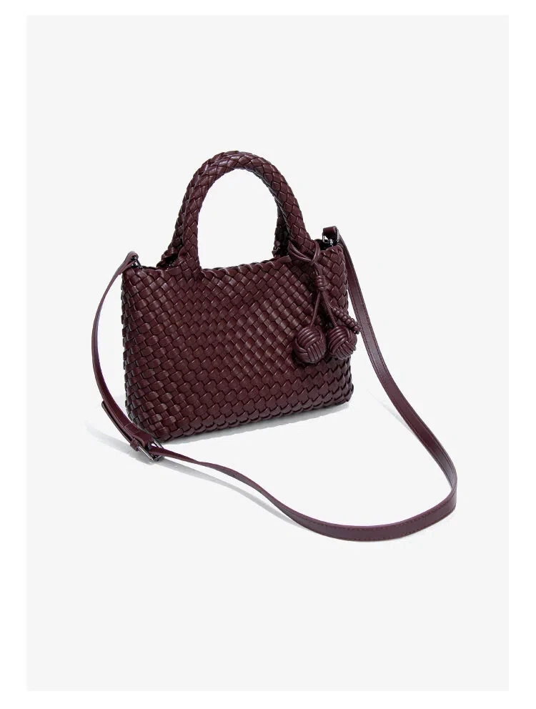 Woven Tote Bag Burgundy Top Handle Crossbody Shoulder Bag With Ball Pendant 2 Piece Handbag Set With Clutch For Women