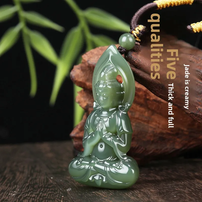 Natural Hetian Jade Lake Green 3d Guanyin Pendant Lucky Blessing Peace Protection Amulet Necklace For Men Women Chinese Style