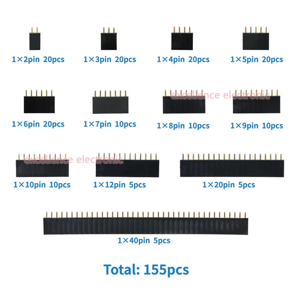 155PCS 2.54mm Single Row Pin Header & Female Socket Kit - 4/6/8/10/12/16/20/40pin PCB Connector Box for Arduino Projects