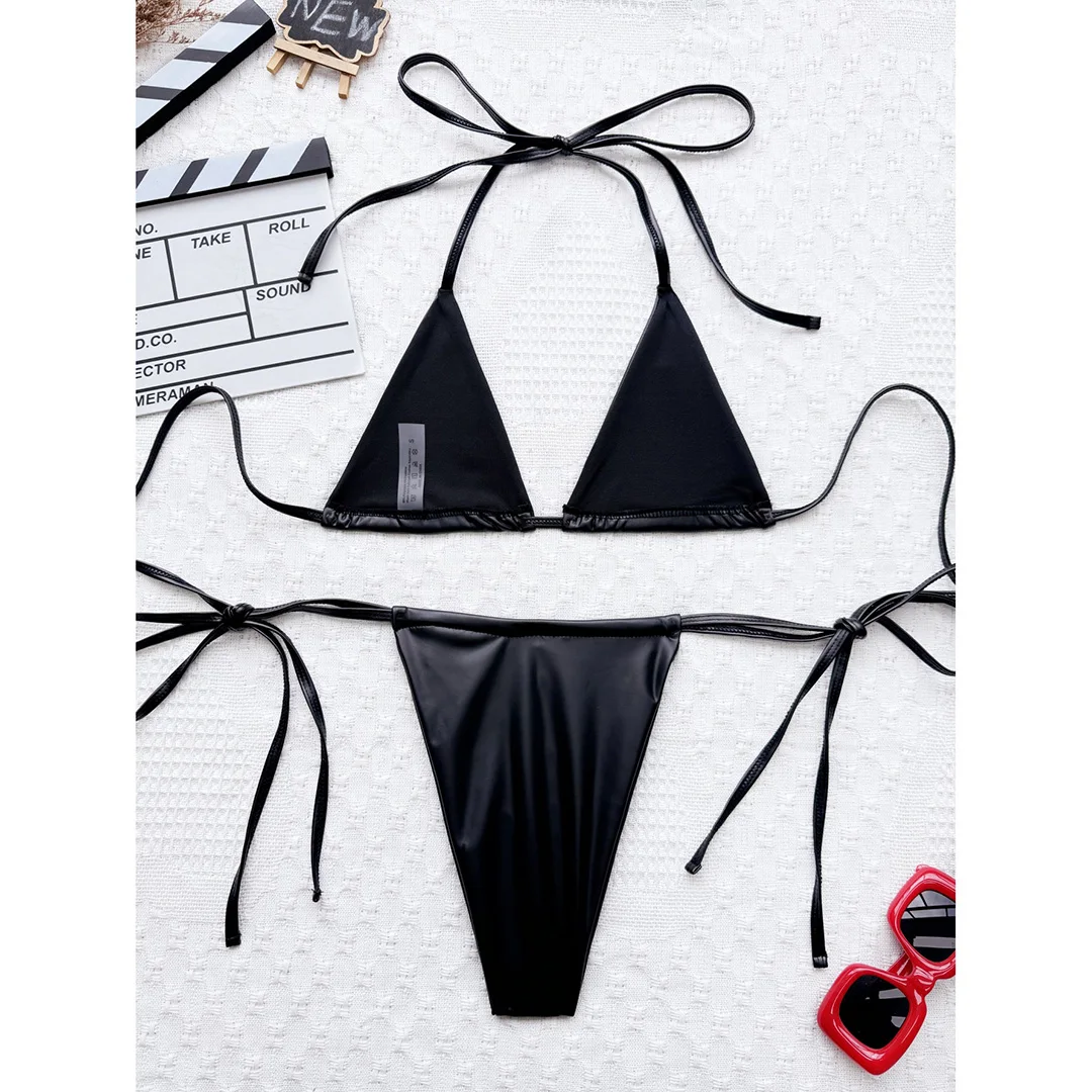 3 Farben, neues Halter-Bikini-Set aus Kunstleder, Damen-Badebekleidung, zweiteiliger Badeanzug, V6492B – Detail 14