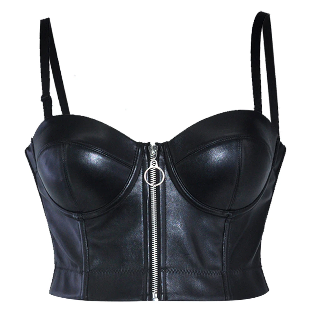 

Women Black PU Leather Zippper Corset Top Crop Bustier Gothic Bra Push Up Bodice Sexy Lingerie Corselet Party Short Camis S-6XL