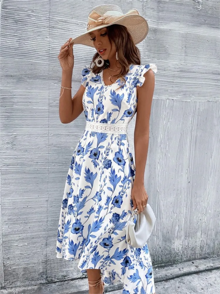 Fashion Lace Stitching Dress Women Summer Casual Floral Print Hollow Beach Long Dress Elegant White Irregular Dresses 2024 New