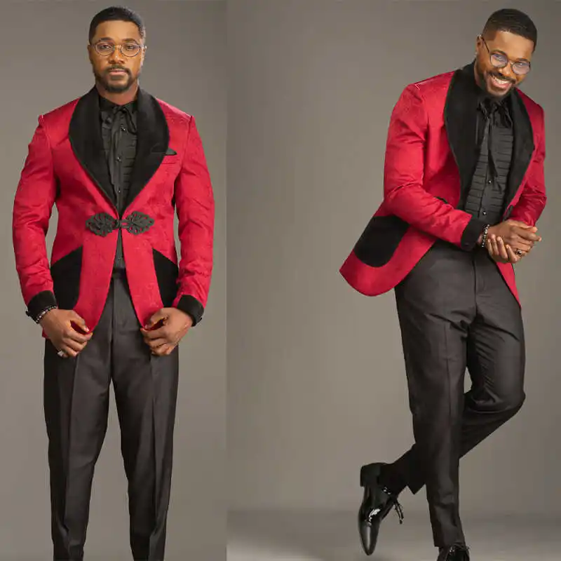 

Elegant Jacquard Men Suit 2 Pieces Blazer Pants Shawl Lapel One Button Special Occasion Wedding Groom Tuxedo Customized